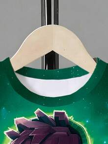 Tween Boy Spring And Summer Casual Stylish Creative Personalized Refreshing Minimalist Green Hoodie With Square Graphic Print, Comfortable Basic Short T-Shirt, Suitable For Boys Everyday Wear In Spring, Summer And Autumn - Multicolor - View 3