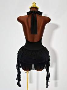 Mistrie Mono sexy de cuello halter, diseño de espalda profunda y sin espalda, dobladillo asimétrico con volantes de malla, estilo ajustado y ceñido al Body - Negro - Ver 2