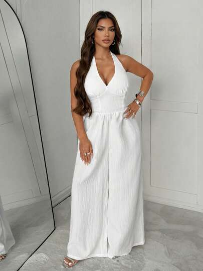 Slaydiva White Skirt  Deep V-Neck Pullover Pants Wide-Leg Pants Holiday Outfits For Women  Birthday Outfits For Women  New Early Spring, Spring And Summer Music Festival, Valentine's Day, Easter, Bohemian Style, Nomadic Style, Casual, Simple And Basic, Cruise Party, Birthday Party, Daily Date, Casual Vacation, Elegant Commuting, Halter, Tie, V-Neck, Wide-Leg Pants, Super Long Pants, White Jumpsuit, Texture Fabric, Women's Jumpsuit -A