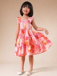 SUMWON Vestido midi con volantes escalonados sin mangas con estampado floral, con Body fruncido y tirantes con volantes para niñas, para verano y primavera - Rojo - Ver 3