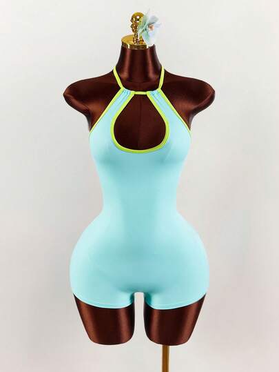 Amplova 2026 New Arrival Vacation Halter Neck Tie-Up Bodycon Colorblock Women's Jumpsuit