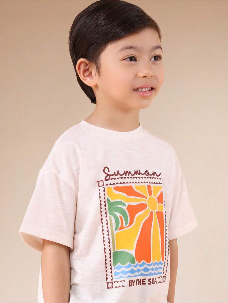 Oversized Boys Summer Graphic Tee With Sun Print Short Sleeve Crew Neck T-Shirt By The Sea Design
