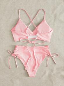 Swim Mod 2026 Spring/Summer 2pcs Set, Women's Dark Green Beach Outfit, Deep V-Neck Backless Ruched Wireless Swimsuit, Casual Summer Beach Swimwear Vacation Bikini Set Modest Bikini Set Tie Bikini Set High Rise Bikini Set Solid Color Bikini Set - Pink - View 2