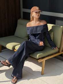 DAZY 女士纯色露肩荷叶边长袖短款上衣和阔腿裤优雅度假套装，春夏款 - 藍色 - 查看 5