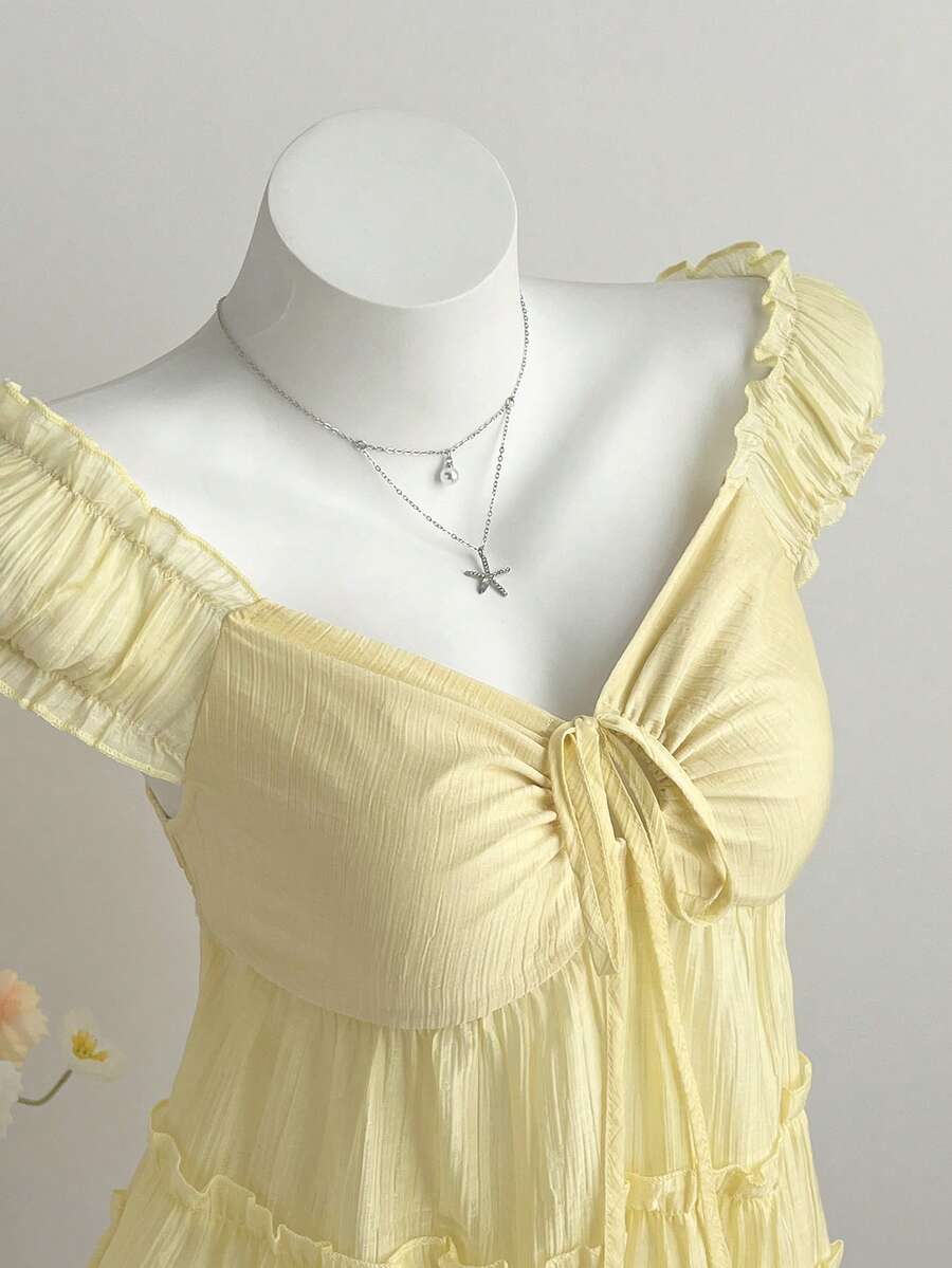 Elamini 女士黄色纹理面料衬衫，前片镂空褶裥，层叠下摆，浪漫休闲风 - 黃色 - 查看 1