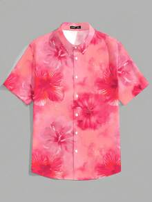 VIVINTIMO 男士夏季沙滩度假印花宽松短袖衬衫 - 粉色 - 查看 6