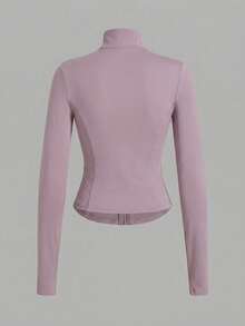 SHEIN EZwear 杏色针织修身女士长袖防晒外套，秋冬季款 - 淺灰紫 - 查看 2