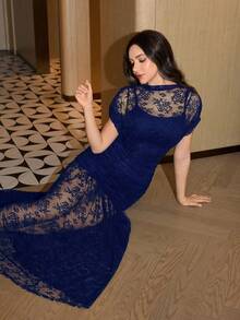 Modelyn 优雅绿色蕾丝荷叶边连衣裙，高端时尚晚礼服 - 寶藍色 - 查看 5