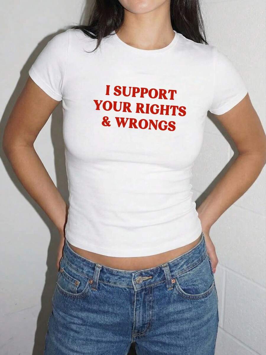 Manfinity Unisex 男士图案T恤“我支持你的权利与错误”休闲短袖纯棉T恤街头日常款 - 白色 - 查看 1
