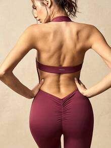 VARSIVA Bộ jumpsuit xòe cổ yếm hở lưng màu trơn - Đỏ - Xem 8