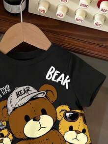 Baby Boy Casual Minimalist Cartoon Bear Pattern Round Neck Short Sleeve Loose T-Shirt, Suitable For Summer - Multicolor - View 4