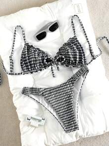 Swim Mod Textured Fabric Ruched Front Tie Bow Waist Pleated Cute Sweet Fashion Lively Party 2-Piece Bikini Set Set - Black - View 2