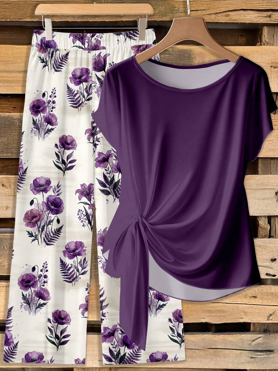 SHEIN Clasi 休闲简约度假波西米亚风优雅浪漫复古紫色花卉水彩碎花图案，音乐节、海滩装、度假装、夏季户外女装，女士系带蝴蝶结衬衫和宽松直筒裤套装 - 彩色 - 查看 1