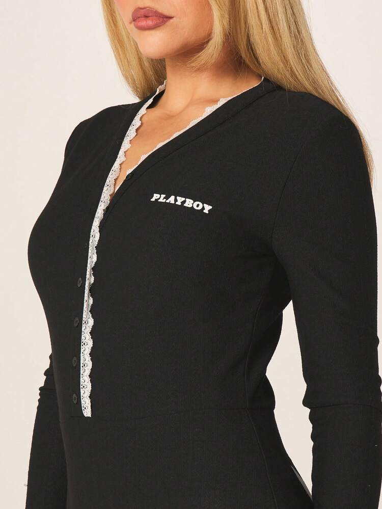 Missguided x Playboy Long Sleeve Lace Contrast Button Front Romper With Shorts And White Decorative Trim Details For Casual Weekend Wear