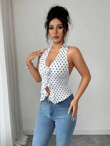 Rafferiza Women's New White Base Black Polka Dot Camisole, Neck Tie Bowknot, 3D Flower, Ruffle Trim, Deep V-Neck Backless Top, Sexy, Retro Sweet, Beach, Summer Outfits, Summer, Holiday, White Top - Black and White - View 3