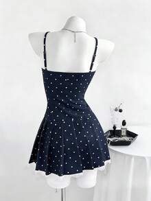 Elamini 女士波点印花前系带休闲连衣裙 - 藏蓝色 - 查看 2