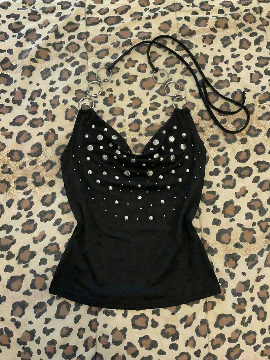 Elamini Top sin mangas casual de mujer con hebilla de rhinestone en el cuello halter, top negro con tachuelas, top gótico con rhinestones, top de estilo rock para mujer en verano - Negro - View 1