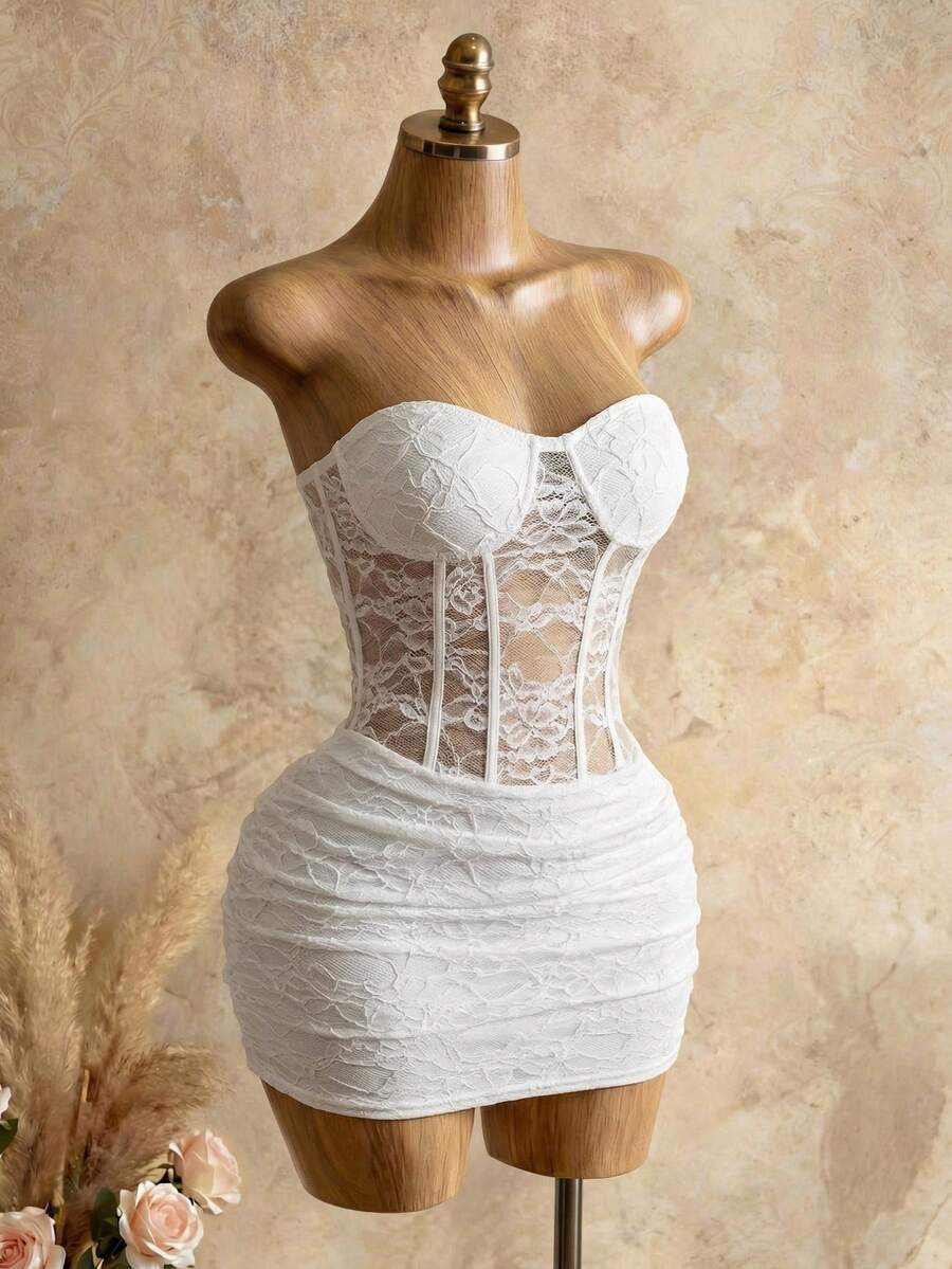 BamGleam Đầm ôm sát dáng đuôi cá xuyên thấu gợi cảm bằng ren dành cho nữ - trắng - Xem 1