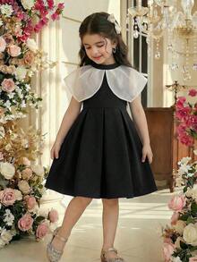 年轻女孩优雅可爱撞色露肩立领派对连衣裙 - 黑色 - 查看 6
