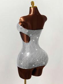 Mistrie Fashionable Sexy Beaded Hollow Out Bodycon Mini Dress - Silver - View 2