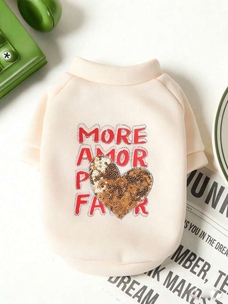 PETSIN 1pc Cat/Dog Universal Clothing, Heart-Shaped Rhinestone Pet Sweater, Spring And Autumn Casual Pullover - Beige - View 8