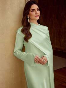 ZEYLAH Satin Asymmetric Fringe Long Sleeve Dress, Spring/Summer - Mint Green - View 2