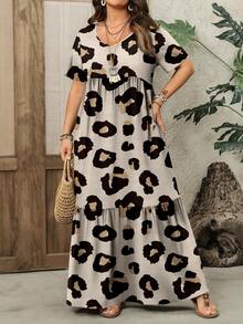 EMERY ROSE Gaun Lengan Pendek Kasual Motif Leopard Ukuran Besar untuk Wanita, Cocok untuk Musim Panas - MultiWarna - View 4