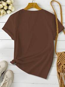 INAWLY 豹纹爱心图案圆领短袖T恤，百搭休闲女式上衣，春夏款 - 棕色 - 查看 2