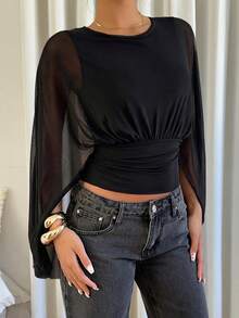 Siren Gaze Women's Solid Color Round Neck Pleated Casual Versatile Daily Wear T-Shirt - Black - View 3