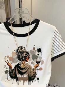 Resyla Women's Casual Striped Patchwork Figure Print T-Shirt, Summer - Multicolor - View 5