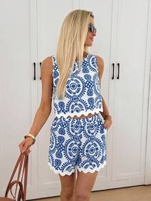 Easowa Bộ đồ đi nghỉ mát thường ngày, in họa tiết toàn thân và trang trí ruy băng, gồm áo tank top và quần short. - Xanh và trắng - Xem 5