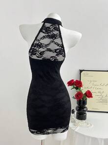 Elamini 女士旗袍连衣裙，针织花卉拼接蕾丝，镂空纽扣设计 - 黑色 - 查看 2