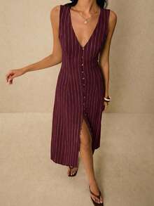 Poéselle Vestido casual de mujer con cuello en V de una sola hilera y sin mangas a rayas - Burdeos - Ver 7