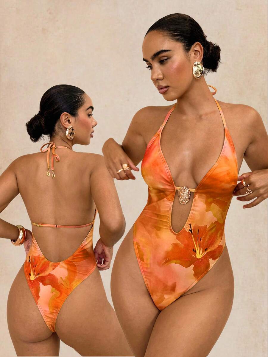Swim Glamine 女士波西米亚性感芙蓉印花挂脖连体泳衣,2026新款女士泳装,适合海滩度假、上学、度假、约会、下午茶、西式、邮轮、海滩、海岛、公路旅行、四季皆宜、音乐节、波西米亚风度假、春夏休闲、西部波西米亚风、优雅女士泳衣,活泼假日彩色印花泳衣。女士Y2K泳衣,女士塑身连体泳衣。 - 橘色 - 查看 1