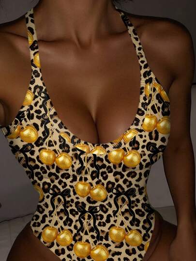 INAWLY Body de tirantes finos con estampado de leopardo y cereza sexy para mujer