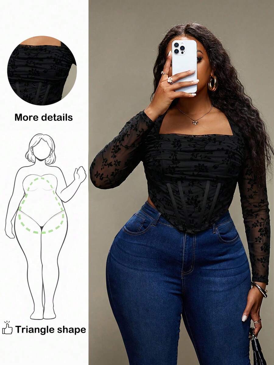 Truni Plus Size Women's Short Sleeve T-Shirt Top, Flocked Floral Pattern Waist Fitted Top, For Pear And Triangle Body Shape - Black - View 1