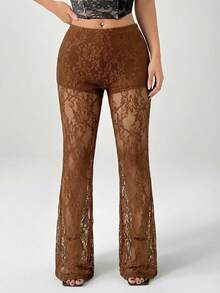SHEIN PETITE Women's High Waist Flare Lace Knit Vacation Pants - Brown - View 3