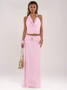 SHEIN BAE Women's Elegant Pink Chiffon A-Line Relaxed Skirt,Solid Color Casual Autumn Party Skirt For Beach Vacation,Cocktail Party,Brunch,Wedding & Concert - Pink - View 3
