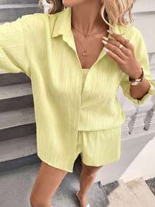 Sylviya 3件套女士休闲纯色衬衫、露脐抹胸上衣和短裤套装，度假装 - 淡黃色 - 查看 8
