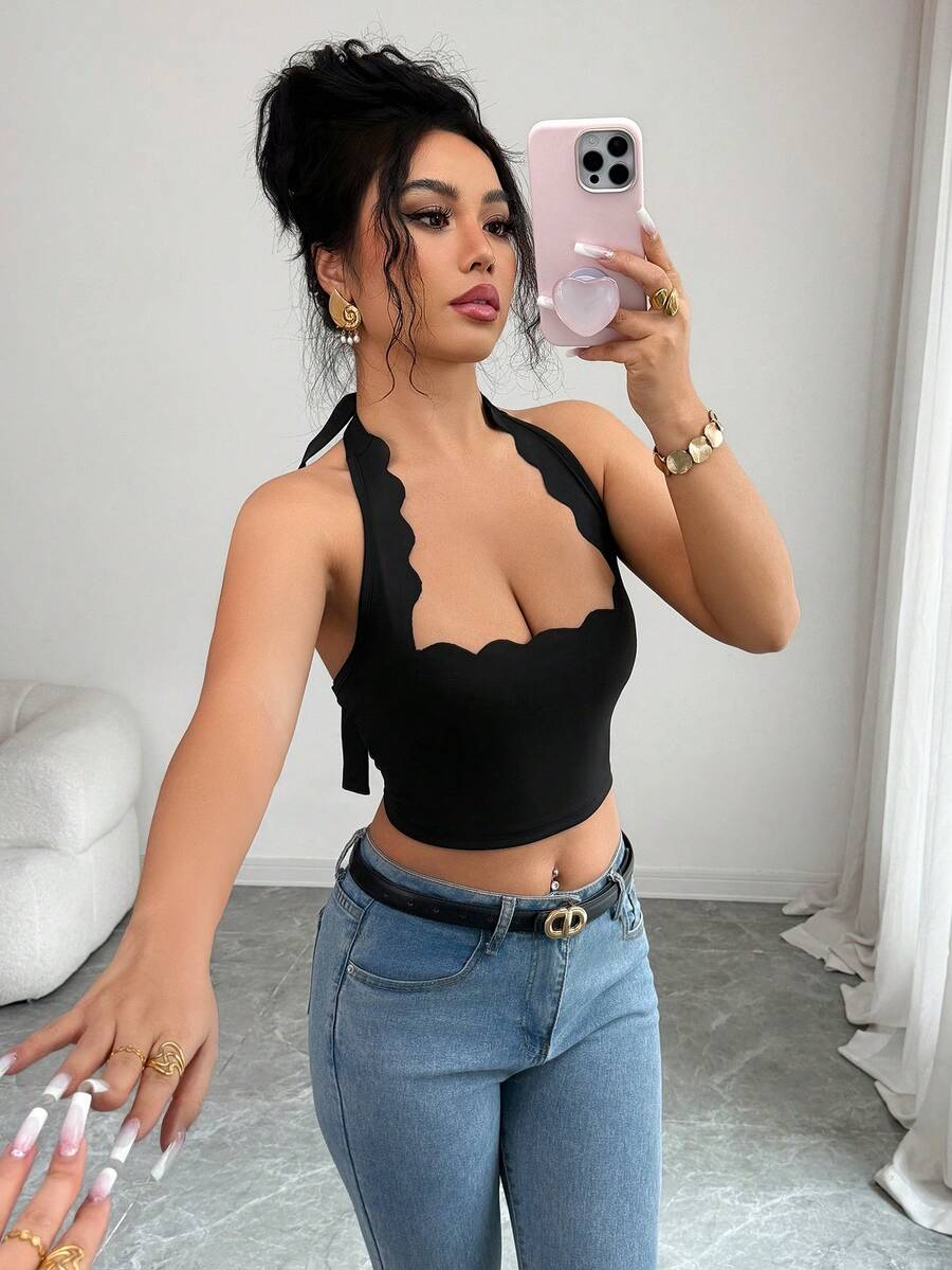 SHEIN PETITE 女士休闲波浪下摆系带方领露背修身吊带背心 - 黑色 - 查看 1