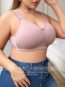 DesireSculpt 1 pieza Sujetador de mujer talla grande, suave y elástico, de unicolor con decoración de lazo, con tirantes ajustables y sin aros - Rosa - Ver 5