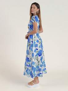 女士印花雪纺连衣裙，长款/中长款，泡泡袖，度假连衣裙，波西米亚风连衣裙，V领 - 藍白色 - 查看 5