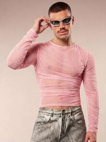 FeverCity Camiseta ajustada de malla transparente y fruncida para hombre - Rosa - Ver 3