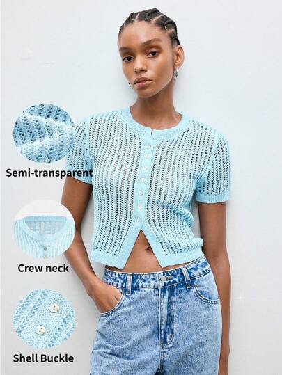 Maija Cárdigan de punto con cuello redondo, manga corta, abotonado delantero, transpirable y calado para mujer