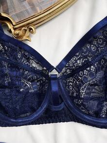 2pcs Elegant Lace Hollow-Out Lingerie Set - Navy Blue - View 9
