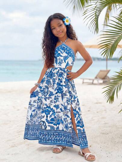 SHEIN Vestido largo de playa para niña preadolescente con estampado floral, cuello halter, espalda abierta, abertura alta en la cintura y diseño calado, para el verano