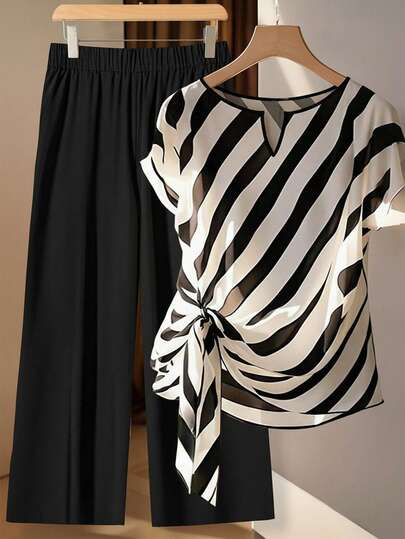 SHEIN Clasi 大码女式条纹V领扭结前襟短袖上衣和阔腿裤休闲两件套