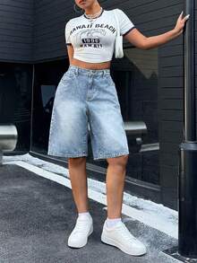 SHEIN 女士休闲水洗阔腿牛仔短裤，夏季 - 淺色水洗藍 - 查看 3