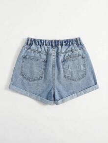 Breezaya Quần short denim nữ cỡ lớn, rách, có túi, kiểu dáng thường ngày, đa năng. - Màu xanh lam - Xem 2