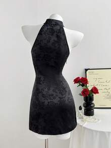 Elamini Vestido Qipao de verano para mujer, con encaje elegante y contraste, con botones y calado - Negro - Ver 2